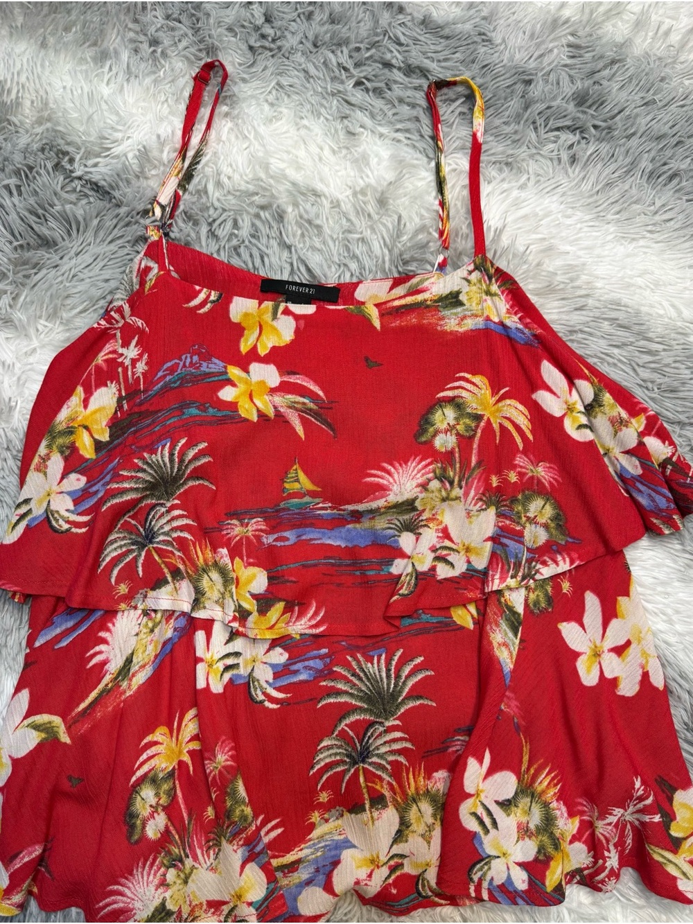 Forever 21 Red Tropical Floral Ruffle Cami